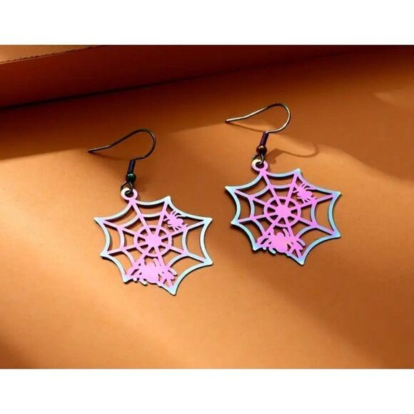 New! Colorful Spider Web Design Dangle Earrings so cool! - Picture 2 of 2